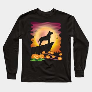 Pitbull Dog On Mountain With Moon Pumpkins Bat Halloween Day Long Sleeve T-Shirt